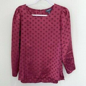 Modcloth Silky Polka Dot Blouse Burgundy Mod Boho Office Kitschy Long Sleeve